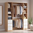 ID MARKET - Dressing double penderie + double colonne L. 140 cm UPPAH avec 6 étagères et 6 bacs en tissu bois et blanc - vignette