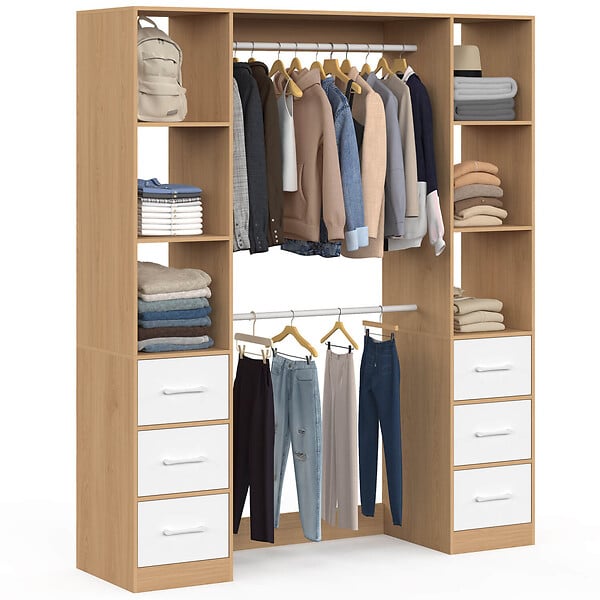 ID MARKET - Dressing double penderie + double colonne L. 140 cm UPPAH avec 6 étagères et 6 bacs en tissu bois et blanc - large