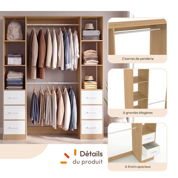 ID MARKET - Dressing double penderie + double colonne L. 140 cm UPPAH avec 6 étagères et 6 bacs en tissu bois et blanc - large