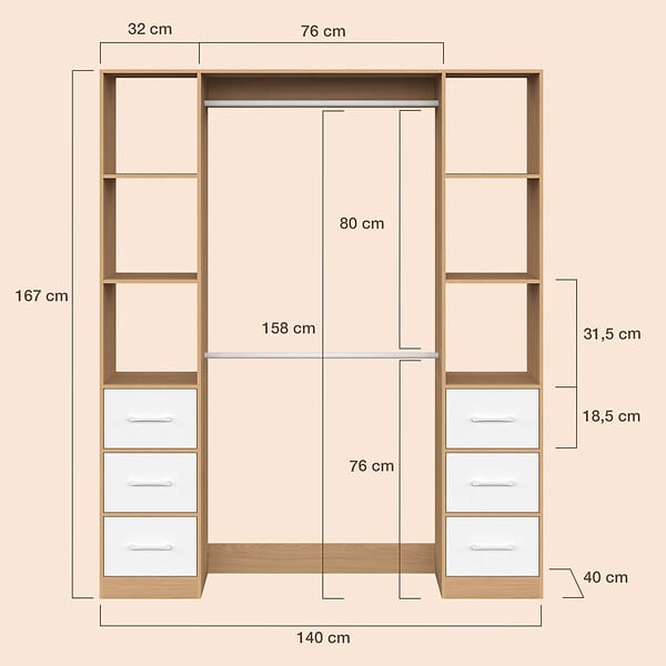 ID MARKET - Dressing double penderie + double colonne L. 140 cm UPPAH avec 6 étagères et 6 bacs en tissu bois et blanc - large
