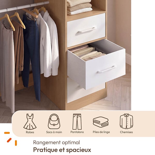 ID MARKET - Dressing double penderie + double colonne L. 140 cm UPPAH avec 6 étagères et 6 bacs en tissu bois et blanc - large