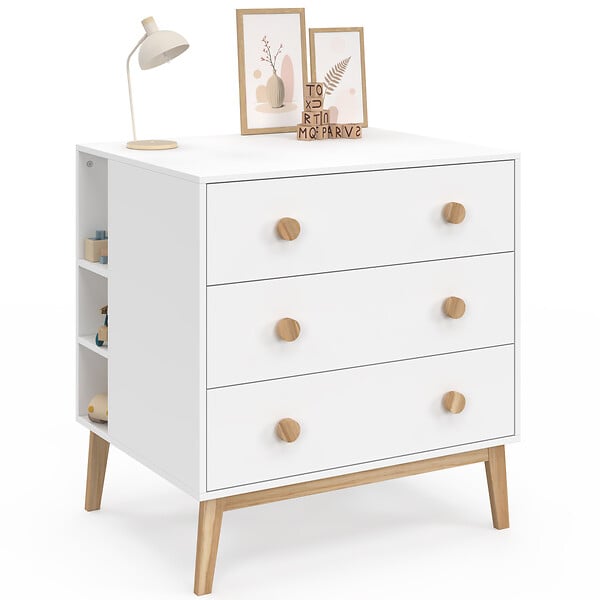 ID MARKET - Commode à langer JACOB blanc et bois 3 tiroirs, table à langer amovible et 2 étagères - large