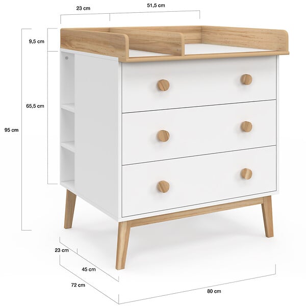 ID MARKET - Commode à langer JACOB blanc et bois 3 tiroirs, table à langer amovible et 2 étagères - large