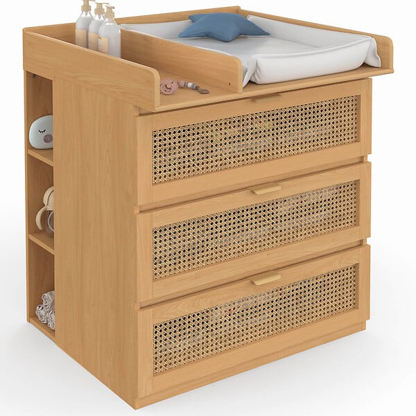 ID MARKET - Commode à langer évolutive EDHEN bois et cannage 3 tiroirs, table à langer et 2 étagères amovibles - large