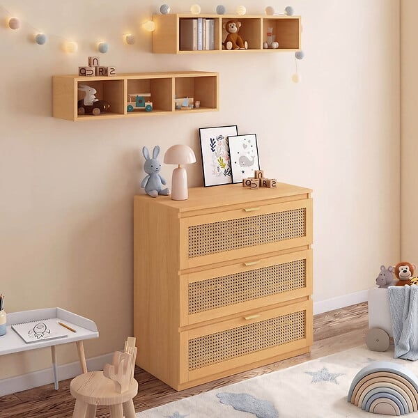 ID MARKET - Commode à langer évolutive EDHEN bois et cannage 3 tiroirs, table à langer et 2 étagères amovibles - large