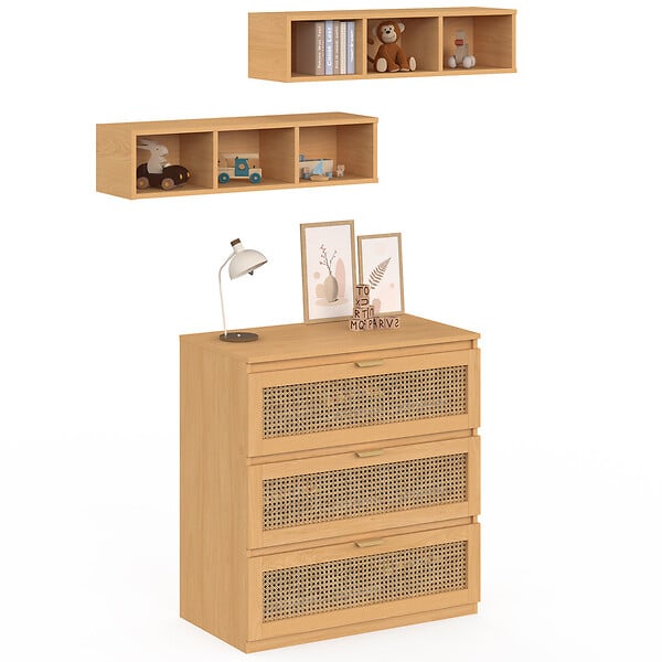 ID MARKET - Commode à langer évolutive EDHEN bois et cannage 3 tiroirs, table à langer et 2 étagères amovibles - large