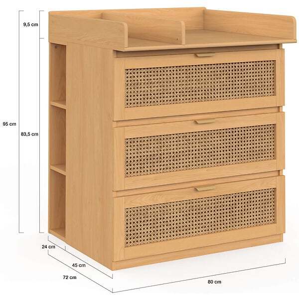 ID MARKET - Commode à langer évolutive EDHEN bois et cannage 3 tiroirs, table à langer et 2 étagères amovibles - large