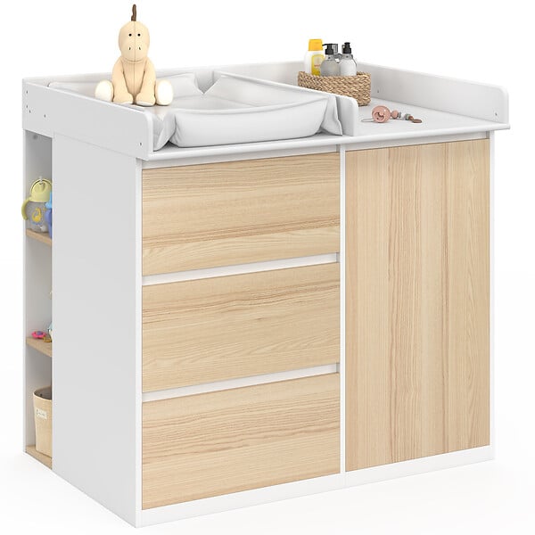 ID MARKET - Commode à langer évolutive AMBRE façon hêtre et blanc 3 tiroirs, 1 panier à linge, table à langer et 2 étagères amovibles - large