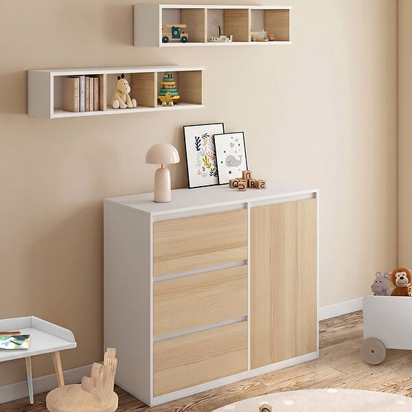 ID MARKET - Commode à langer évolutive AMBRE façon hêtre et blanc 3 tiroirs, 1 panier à linge, table à langer et 2 étagères amovibles - large