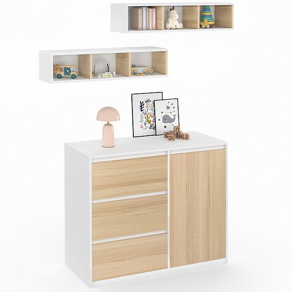 ID MARKET - Commode à langer évolutive AMBRE façon hêtre et blanc 3 tiroirs, 1 panier à linge, table à langer et 2 étagères amovibles - large