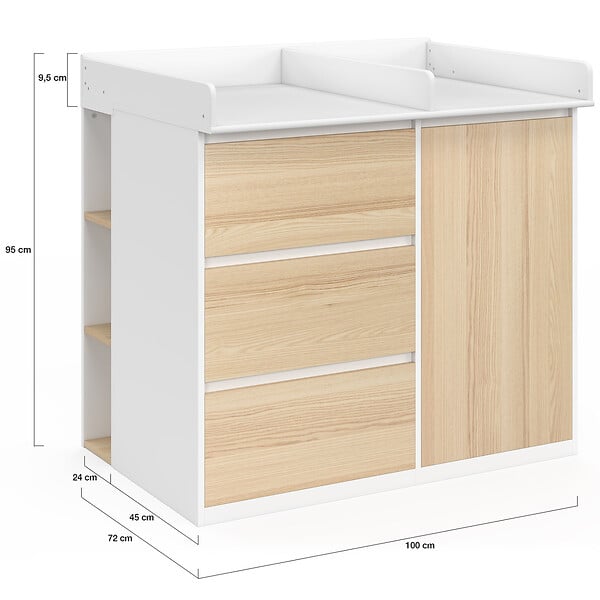 ID MARKET - Commode à langer évolutive AMBRE façon hêtre et blanc 3 tiroirs, 1 panier à linge, table à langer et 2 étagères amovibles - large