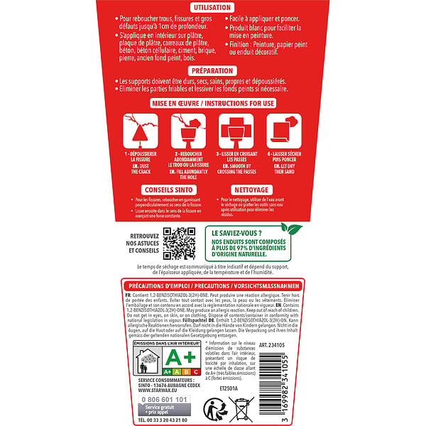 SINTO - Enduit de rebouchage sinto interieur tube 330g - large
