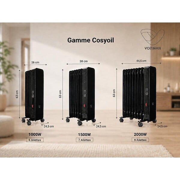 VOLTMAN - Radiateur mobile bain d'huile CosyOil 1000W - façade verre trempé - Voltman - large