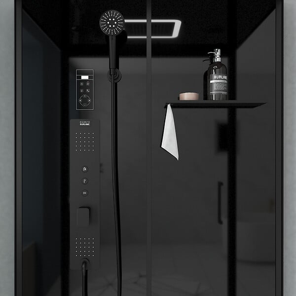 AURLANE - Cabine de douche Hydromassante 115x90x218 cm - Porte coulissante - Fonds & Profilés Noir Mat - large