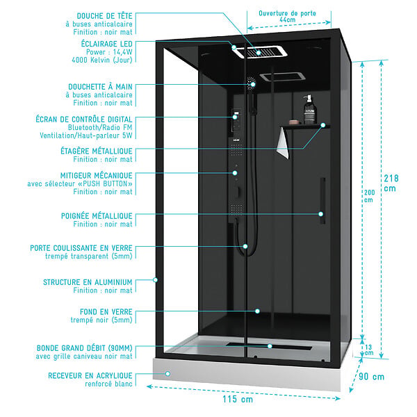 AURLANE - Cabine de douche Hydromassante 115x90x218 cm - Porte coulissante - Fonds & Profilés Noir Mat - large