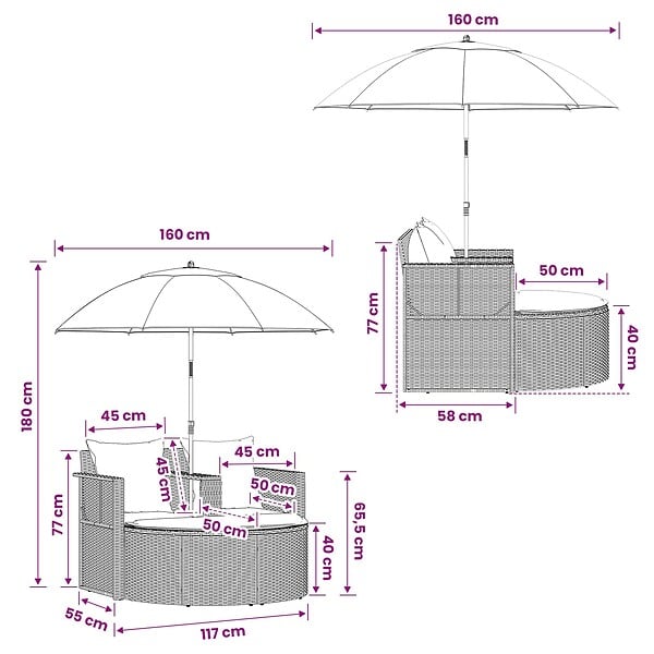 VIDAXL - vidaXL Lit de jardin avec parasol Noir Résine tressée - large