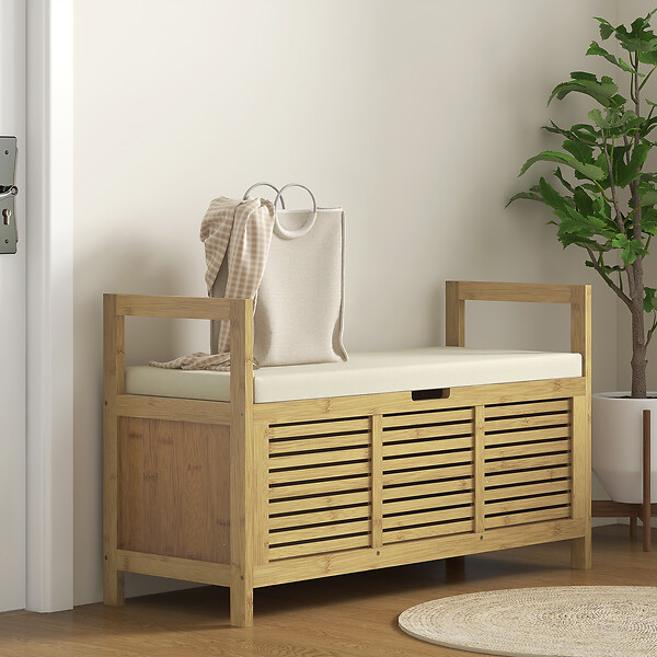 HOMCOM - Banc à chaussures coffre de rangement 2 en 1 avec coussin bambou - large