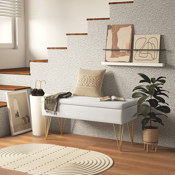 HOMCOM - Banquette coffre de rangement 2 en 1 design art déco - piètement épingle acier doré tissu crème - large