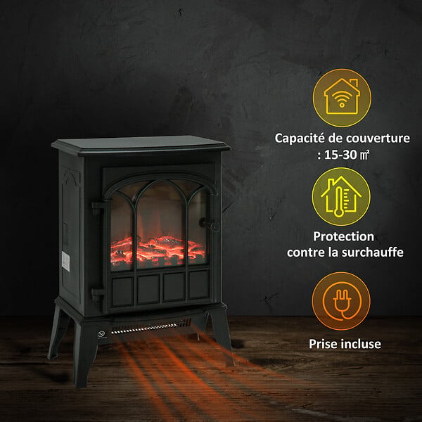 HOMCOM - Cheminée électrique poêle style rétro 1000-2000 W simulation flammes LED porte noir - large
