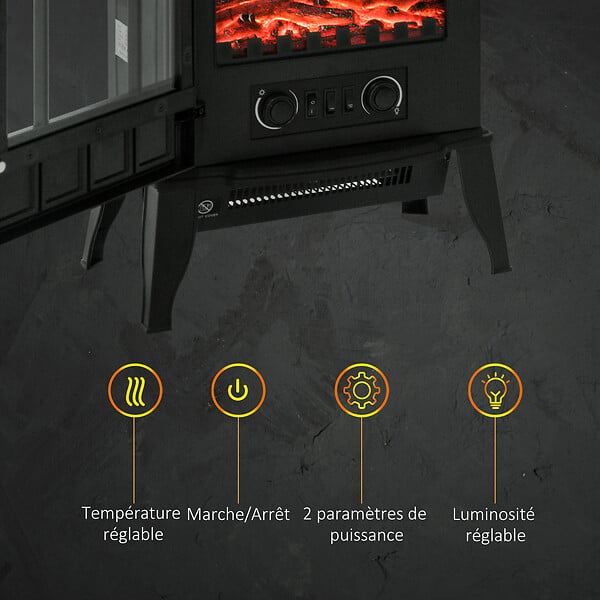 HOMCOM - Cheminée électrique poêle style rétro 1000-2000 W simulation flammes LED porte noir - large