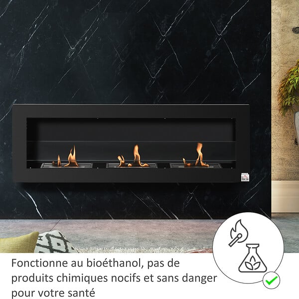 OUTSUNNY - Cheminée bioéthanol murale design Bauhaus - triple brûleur 1 L - pare-feu verre trempé, kit fixation inclus - acier inox. acier dépoli noir - large