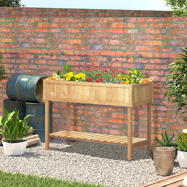OUTSUNNY - Jardinière sur pieds carré potager avec étagère dim. 110L x 46l x 76H cm 8 compartiments & inserts d'irrigation bois de sapin beige - large