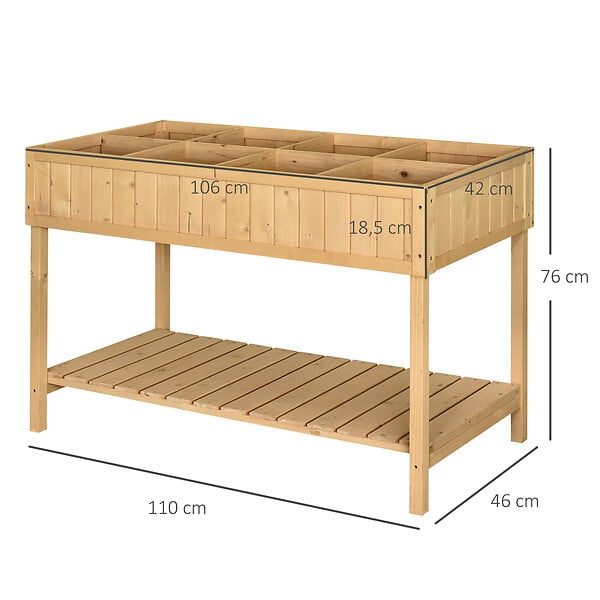 OUTSUNNY - Jardinière sur pieds carré potager avec étagère dim. 110L x 46l x 76H cm 8 compartiments & inserts d'irrigation bois de sapin beige - large