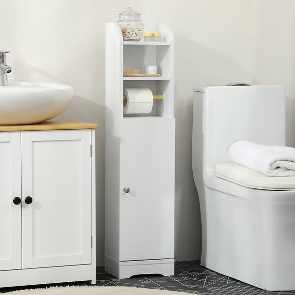KLEANKIN - Meuble WC armoire toilette - porte, 2 étagères, niche, support papier - dim. 23L x 18l x 100H cm - blanc - large