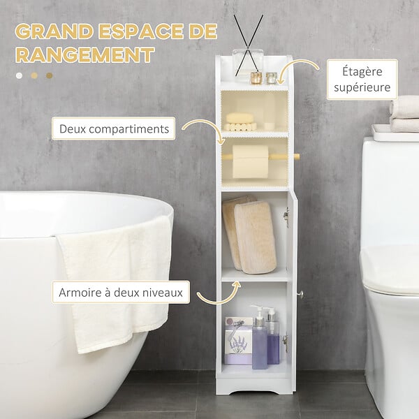KLEANKIN - Meuble WC armoire toilette - porte, 2 étagères, niche, support papier - dim. 23L x 18l x 100H cm - blanc - large