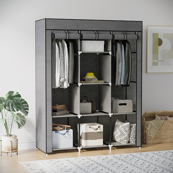 HOMCOM - Armoire penderie multi-rangement - 8 étagères, 2 barres - dim. 125L x 43l x 162,5H cm - acier noir non tissé gris - large