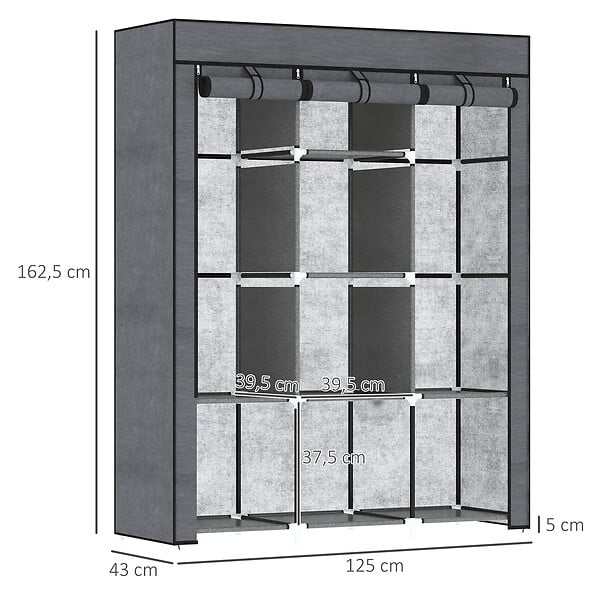 HOMCOM - Armoire penderie multi-rangement - 8 étagères, 2 barres - dim. 125L x 43l x 162,5H cm - acier noir non tissé gris - large