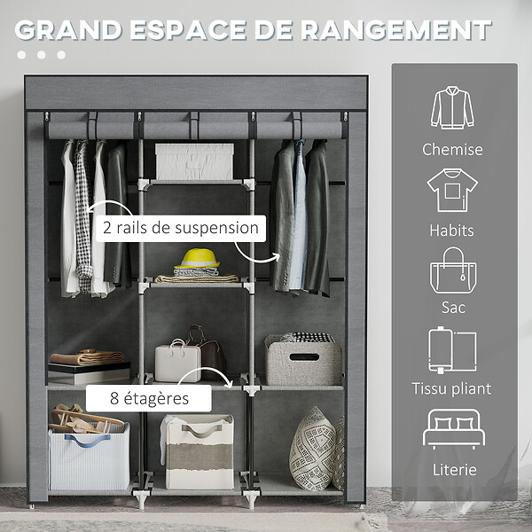HOMCOM - Armoire penderie multi-rangement - 8 étagères, 2 barres - dim. 125L x 43l x 162,5H cm - acier noir non tissé gris - large