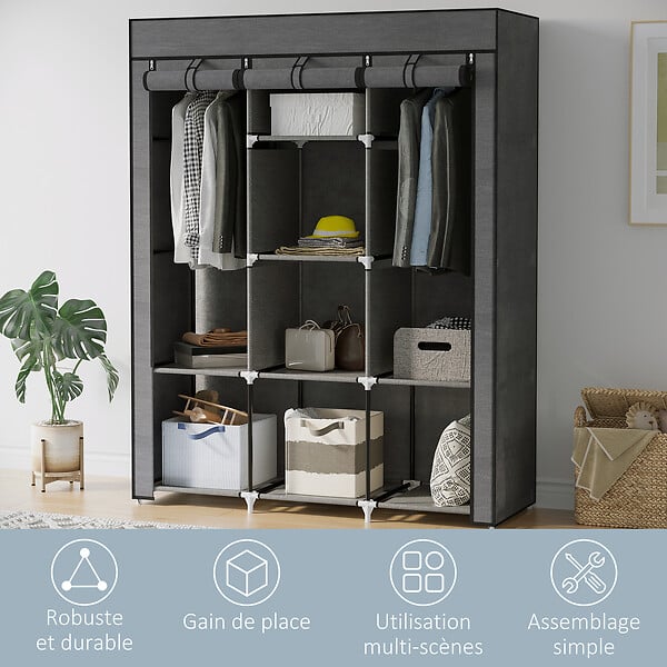 HOMCOM - Armoire penderie multi-rangement - 8 étagères, 2 barres - dim. 125L x 43l x 162,5H cm - acier noir non tissé gris - large