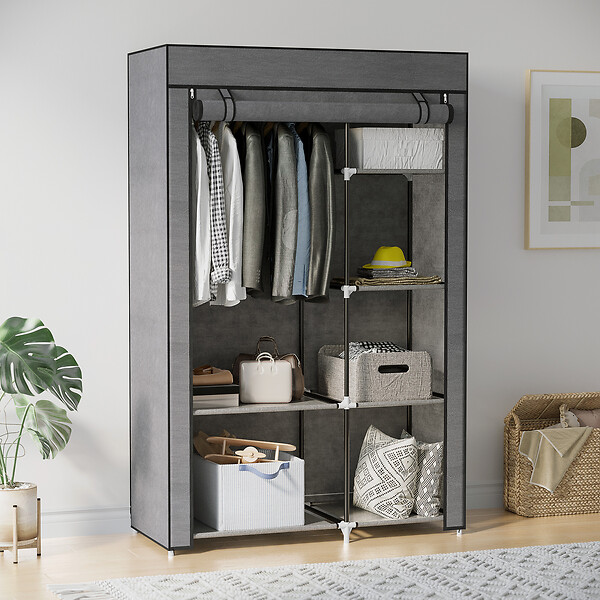 HOMCOM - Armoire penderie multi-rangement - 6 étagères, 1 barre - dim. 103L x 43l x 162,5H cm - acier noir non tissé gris - large