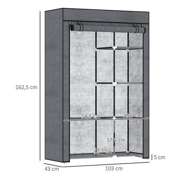 HOMCOM - Armoire penderie multi-rangement - 6 étagères, 1 barre - dim. 103L x 43l x 162,5H cm - acier noir non tissé gris - large