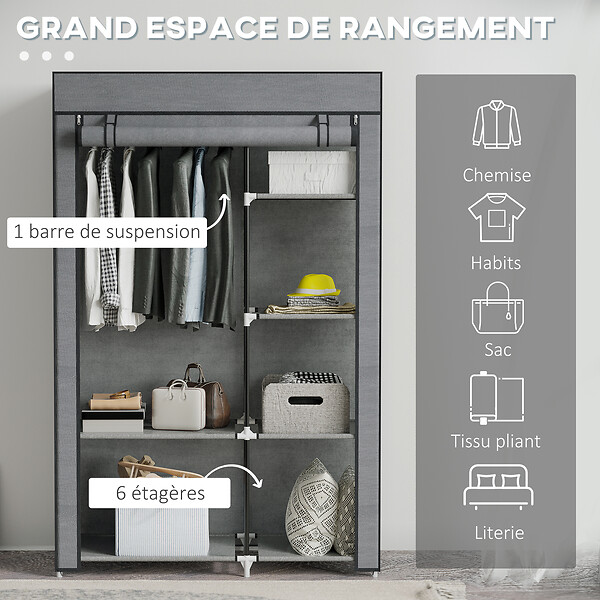 HOMCOM - Armoire penderie multi-rangement - 6 étagères, 1 barre - dim. 103L x 43l x 162,5H cm - acier noir non tissé gris - large