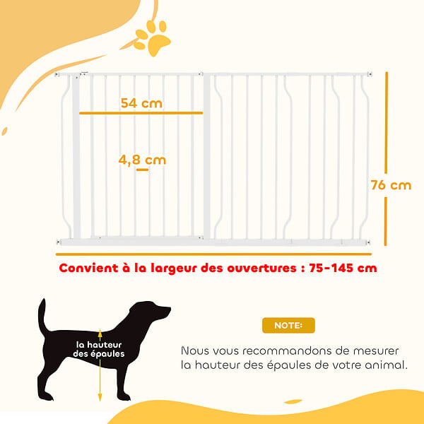 PAWHUT - Barrière de sécurité animaux - longueur réglable dim. 75-145 cm - porte double verrouillage, ouverture double sens -sans perçage - acier ABS blanc - large