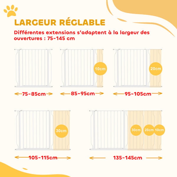 PAWHUT - Barrière de sécurité animaux - longueur réglable dim. 75-145 cm - porte double verrouillage, ouverture double sens -sans perçage - acier ABS blanc - large