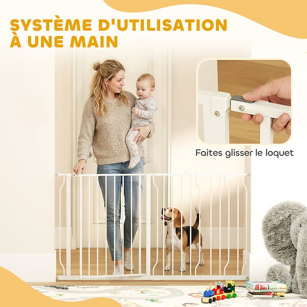 PAWHUT - Barrière de sécurité animaux - longueur réglable dim. 75-145 cm - porte double verrouillage, ouverture double sens -sans perçage - acier ABS blanc - large