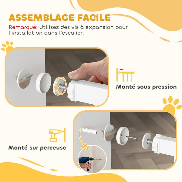 PAWHUT - Barrière de sécurité animaux - longueur réglable dim. 75-145 cm - porte double verrouillage, ouverture double sens -sans perçage - acier ABS blanc - large