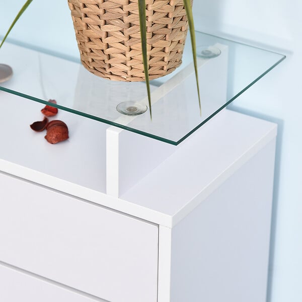 HOMCOM - Armoire à chaussures organisateur de luxe pour chaussures 2 portes abattantes 2 compartiments, tiroir, étagère verre panneaux particules blanc - large