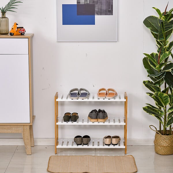 HOMCOM - Meuble à chaussures range-chaussures 3 niveaux MDF bambou blanc naturel - large