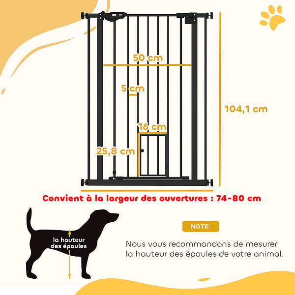 PAWHUT - Barrière de sécurité animaux - longueur réglable dim. 74-80 cm - porte double verrouillage, ouverture double sens, petite porte -sans perçage - acier plastique noir - large