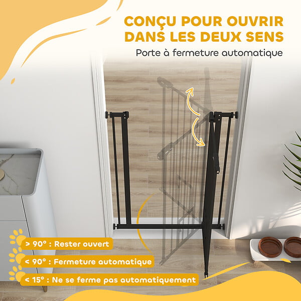 PAWHUT - Barrière de sécurité animaux - longueur réglable dim. 74-80 cm - porte double verrouillage, ouverture double sens, petite porte -sans perçage - acier plastique noir - large