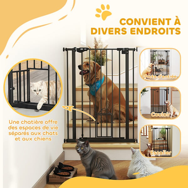PAWHUT - Barrière de sécurité animaux - longueur réglable dim. 74-80 cm - porte double verrouillage, ouverture double sens, petite porte -sans perçage - acier plastique noir - large