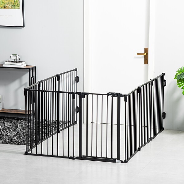 PAWHUT - Barrière de sécurité - parc enclos chien modulable pliable - porte verrouillable - 8 panneaux acier et PP - dim. 482,5L max. x 76H cm noir - large