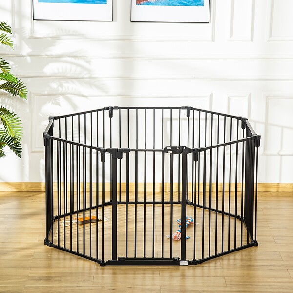 PAWHUT - Barrière de sécurité - parc enclos chien modulable pliable - porte verrouillable - 8 panneaux acier et PP - dim. 482,5L max. x 76H cm noir - large