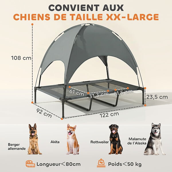 PAWHUT - Lit pour chien chat sur pied velum anti-UV tissu Oxford micro-perforé sac transport inclus gris - large