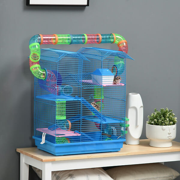 PAWHUT - Cage pour hamster souris petits animaux rongeur avec tunnel mangeoire roue jouet 47 x 30 x 59 cm cm bleu - large