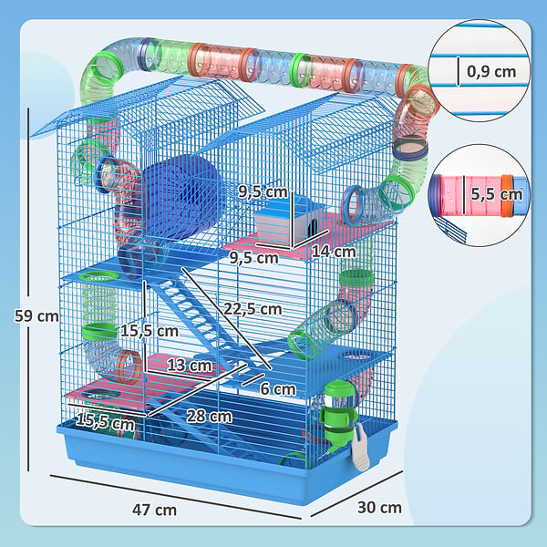PAWHUT - Cage pour hamster souris petits animaux rongeur avec tunnel mangeoire roue jouet 47 x 30 x 59 cm cm bleu - large